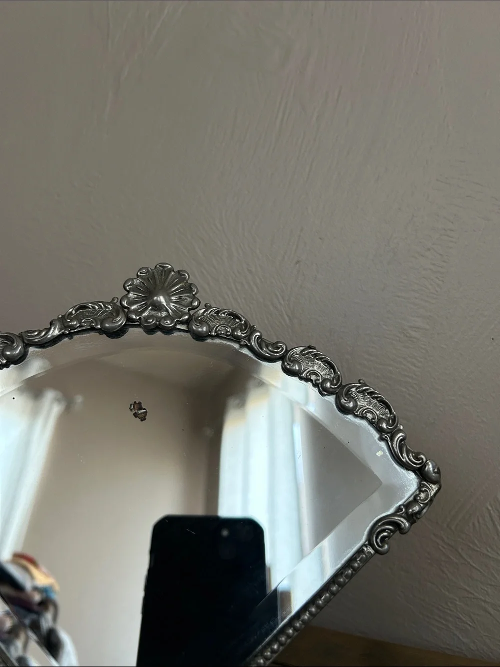 Vintage French Art Deco Vanity Table Mirror. Decorative Fan Shape Design.